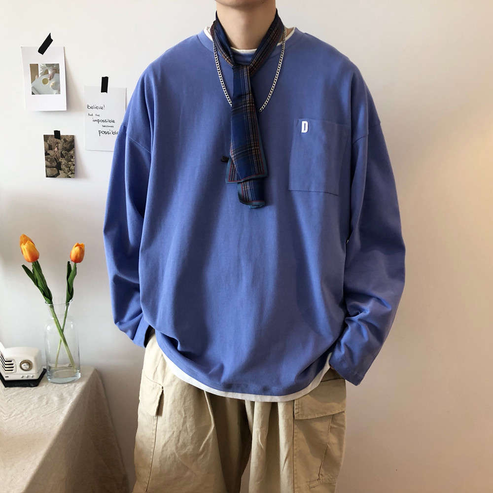 

Autumn 2019 new fake two piece long sleeve t-shirt men's Korean fashion student's sweater lovers' loose top, Black