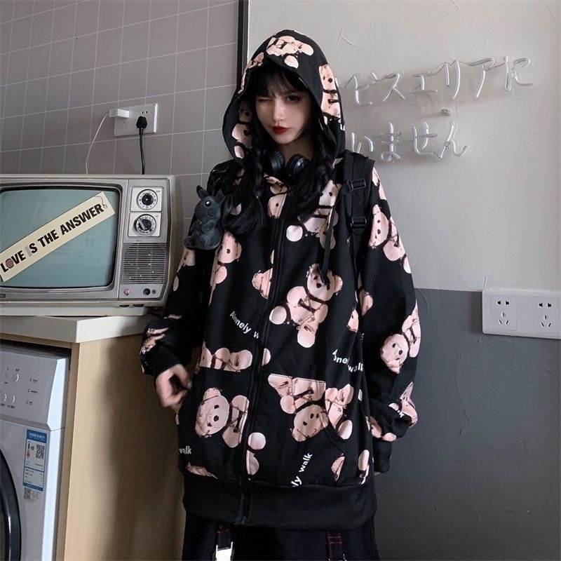

New Deeptown Style Zip Up Hoodie Bear Print Fashion 2021 Sweatshirt Long Sleeve Streetwear Casual Hoodies Women Zvrx, White