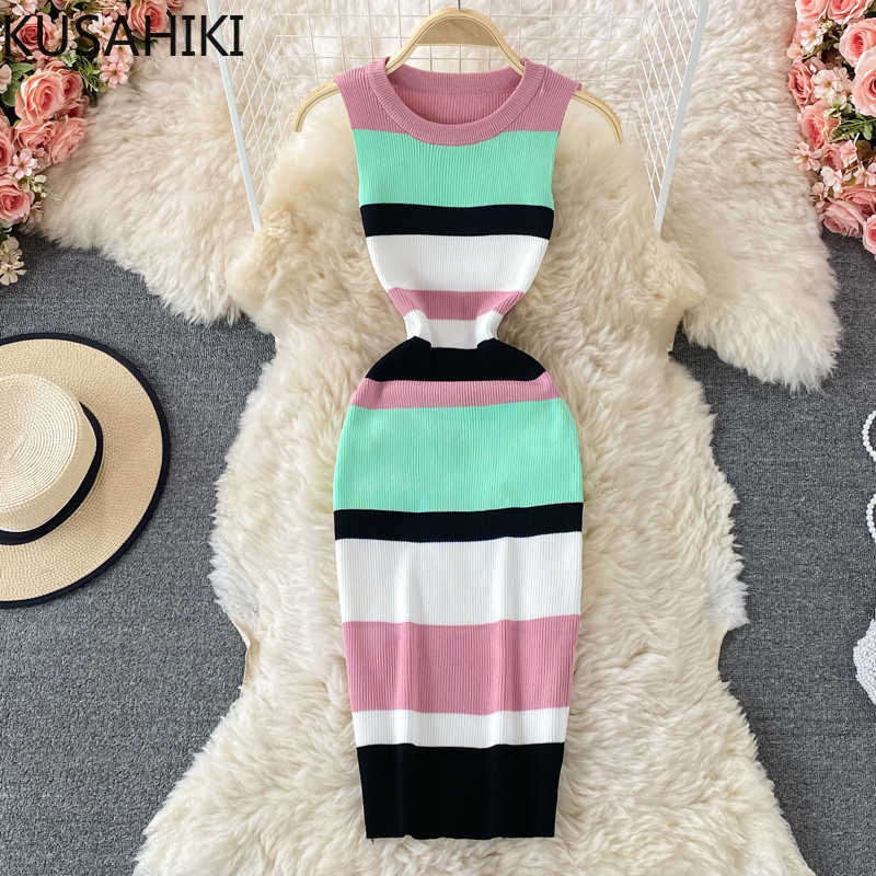 

KUSAHIKI Korean Hit Color Striped Knitted Dresses Sleeveless O-neck Slim Bodycorn Dress Summer Sweater Vestidos 6J150 210602, Green