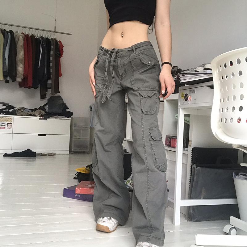 

Women' Jeans Women Pockets Streetwear Wide Leg Denim Trousers Low Waist Y2k Pants Mom Vintage Cargo Baggy, Gray