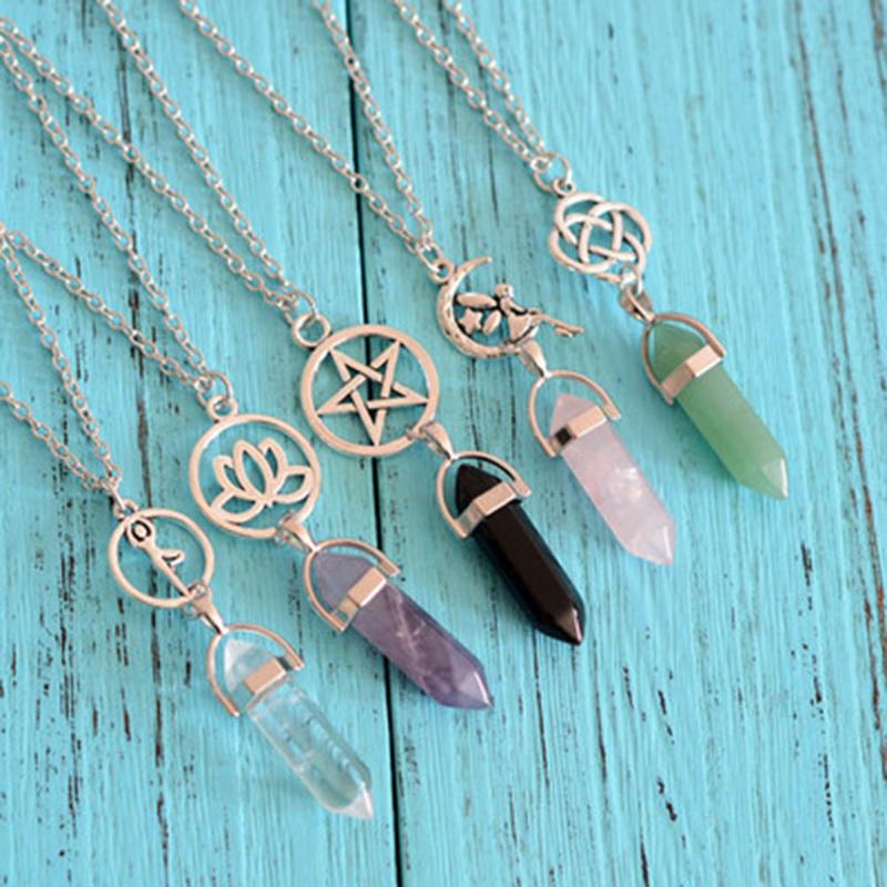 

Pendant Necklaces Little Fairy Pendentif Amethyste Stone Leather Chains Necklace Hexagonal Column Natural Crystal For Women