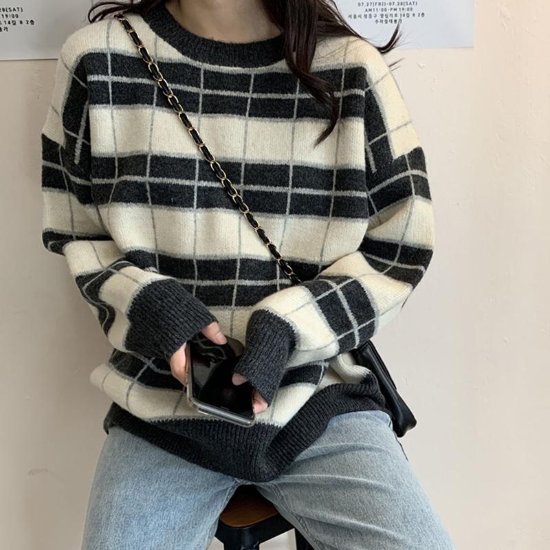 

Women's Sweaters AOSSVIAO Women Geometric Check Pullovers Knitted Sweater Casual Lady Pullover Female Autumn Winter Retro Jumper, White;black