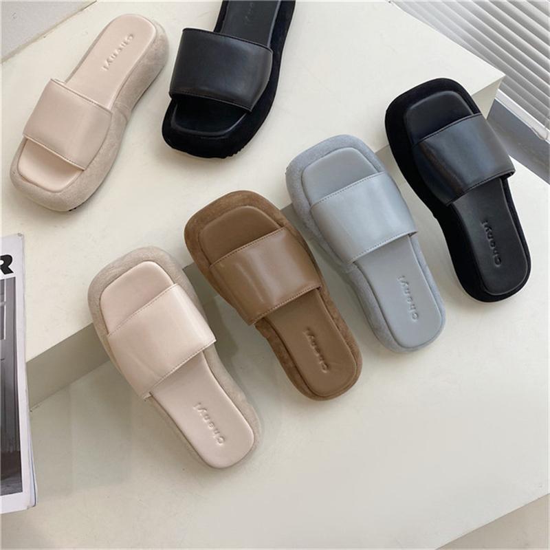 

Slippers 2021 Street Style Chunky Heel Patchwork Platform Slides Women Summer Beach Outdoor Designer Blue Brown Ladies Sandals, Black