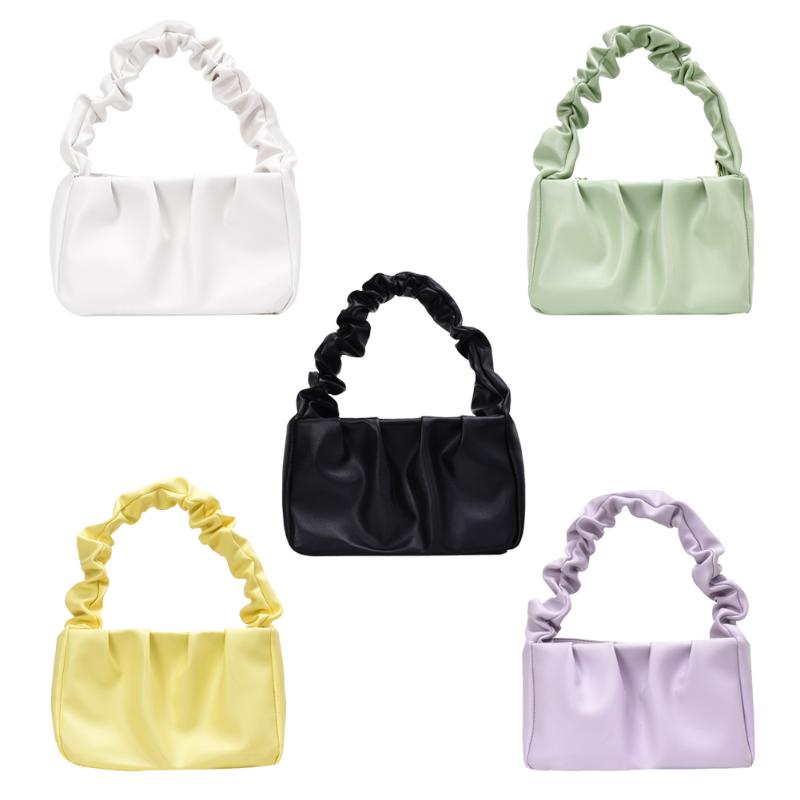 

Pleated Ruffle Shoulder Handbags Women Ladies Fashion Shoulder Bag Handbags Retro Leather Female Travel Clutch Pouch, White