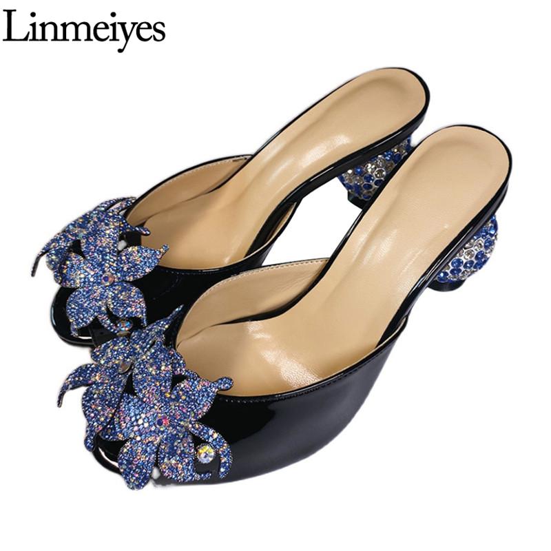 

New Women Slippers Rhinestone Flower Party Shoes Ladies Strange High Heels Crystal Shoes Woman Round Ball Heel Summer Slides, Black