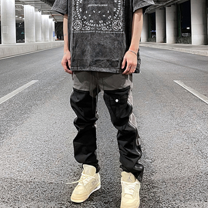 

2021 New Ankle Color Block Streetwear Straight Casual Pants for Men Drawstring Harajuku Oversize Hip Hop Loose Trousers E111, Black