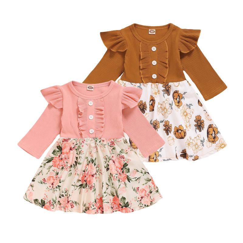 Girl's Dresses CitgeeSpring Autumn Baby Girls Dress Brown/Pink Long Sleeve Flare Decorative Flower Print Outfit Patchwork Clothes-image-732960930
