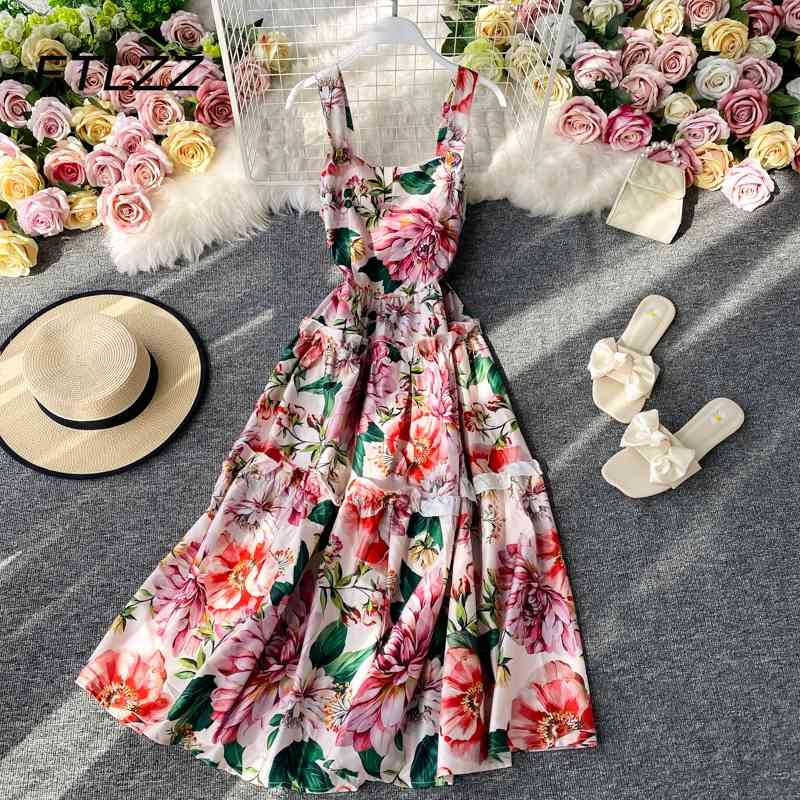 

Retro Women Floral Dress Summer A Line Ruffles Boho Dresses Ladies Spaghetti Strap French Long Robe Evening Luxury 210602, Pink