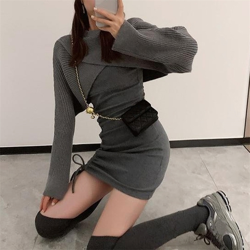 

Elegant Vintage Knitted Dres Casual Sweater Suits Slim Y2k Mini Party Korean Winter Tracksuits 211110, Gray