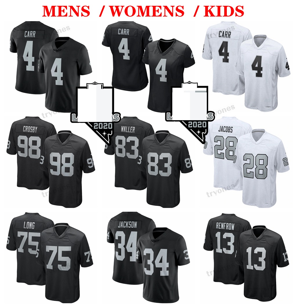 

Mens 4 Derek Carr 28 Josh Jacobs Football Jerseys 11 Henry Ruggs III Crosby 8 Mariota 24 Abram Renfrow 99 Ferrell 83 Darren Waller 89 Edwards Woodson Bo Jackson Jersey, Womens s-xxl