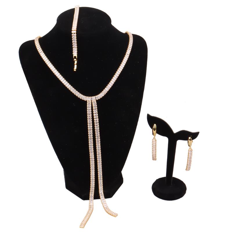 

Earrings & Necklace Fashion Jewelry For Women Zircon Crystal Romantic Long Chain Bangle Set Wedding Bridal Anniversary, Silver