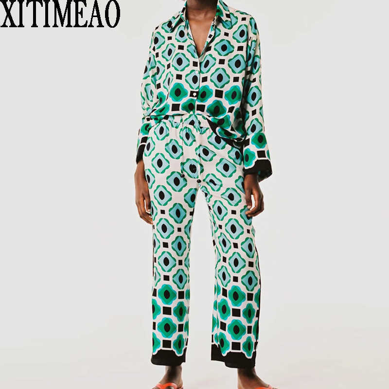 

ZA Spring Autumn Women Retro Printing Simple Style Loose Long Sleeve Shirt And Casual Chic Pants XITIMEAO 210602, Trousers