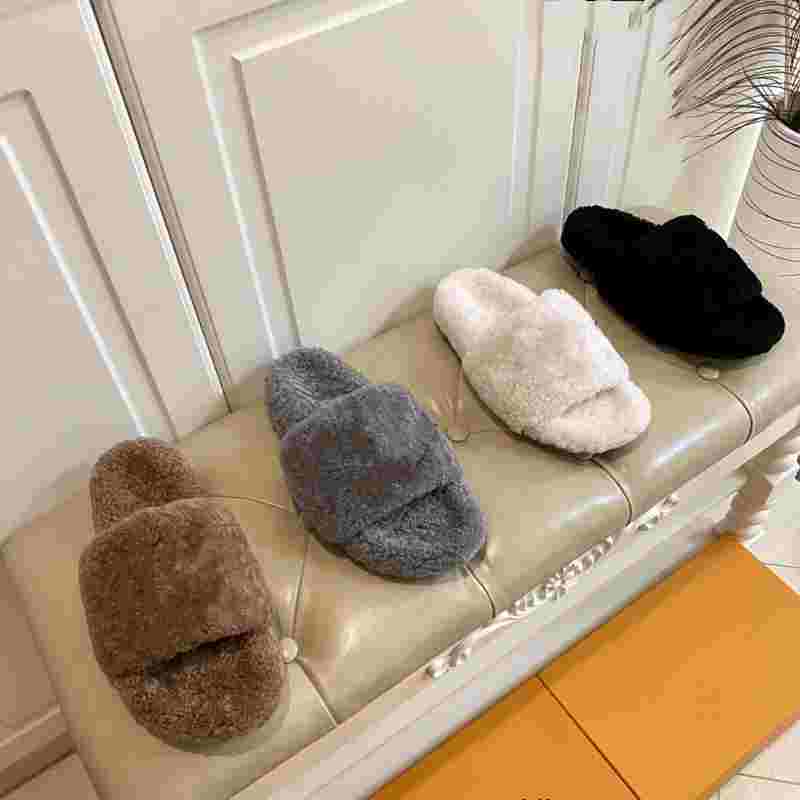 

Lamb hair sandals comfort plush slippers paseo scuffs Gear rubber sole Printed letters upper flat fur shoes, Color1