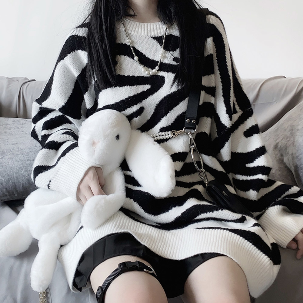 

2021 New Large Size Gothic Zebra Winter Sweater Women's Long Coat Japanese Knitwear Ypco, White