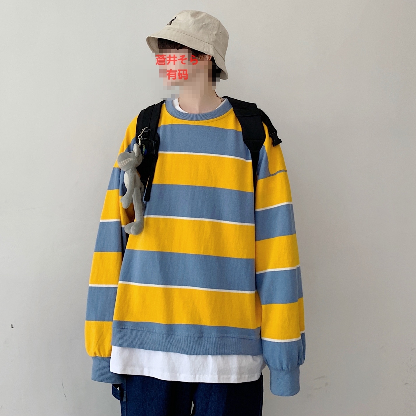 

2021 New Men's Stripe Printing Pullover False Two Piece Hoodies Loose Coats Cotton Clothes Casual Round Collar Sweatshirts M-5xl Uus4, Deep blue