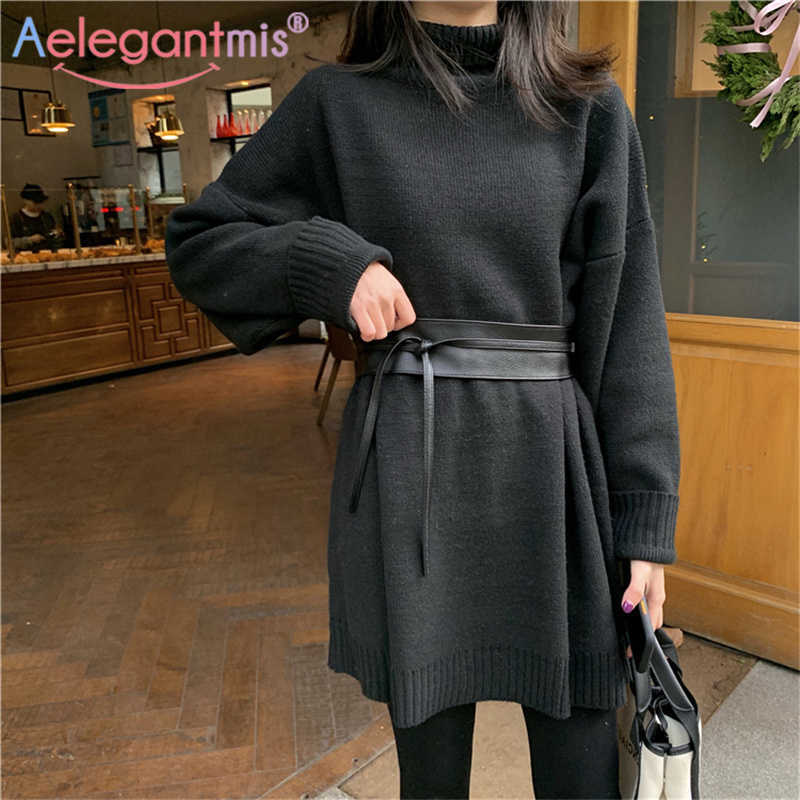 

Aelegantmis Spring Turtleneck Sweater Dress Women Sashes Winter Soft Warm Loose Knitted Casual Vestidos Mujer Belt 210607, Black