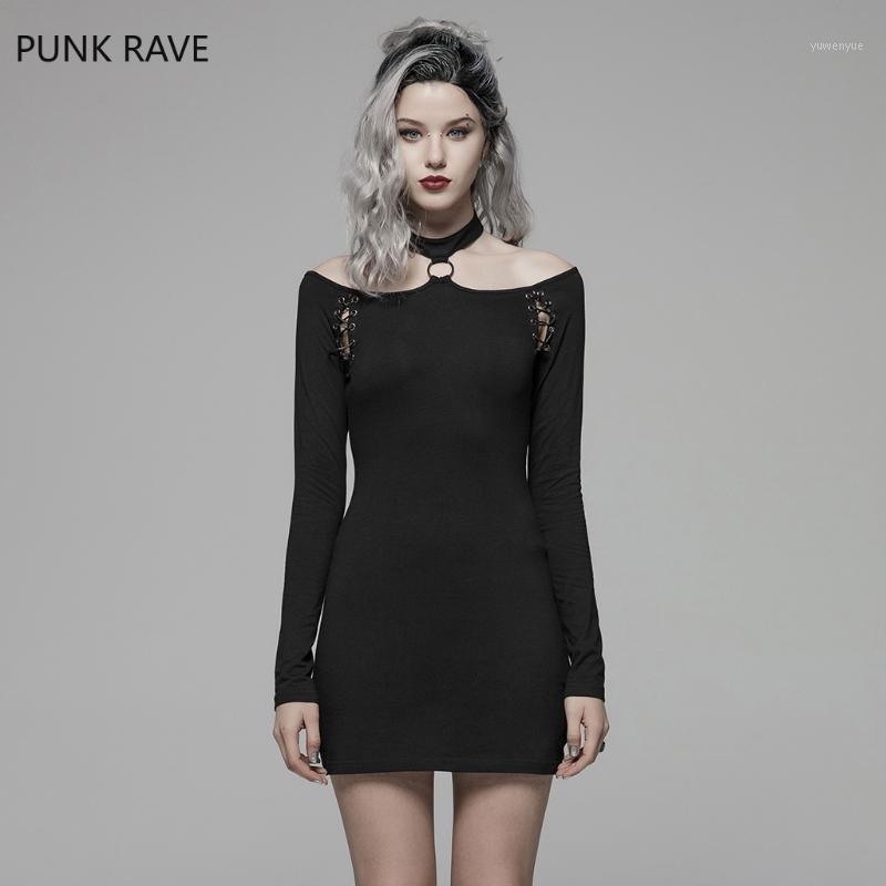 

Casual Dresses PUNK RAVE Women Elasticity Knit Fabric Off-the-shoulder Slim Fit Evening Party Club Personality Short Dress, Black