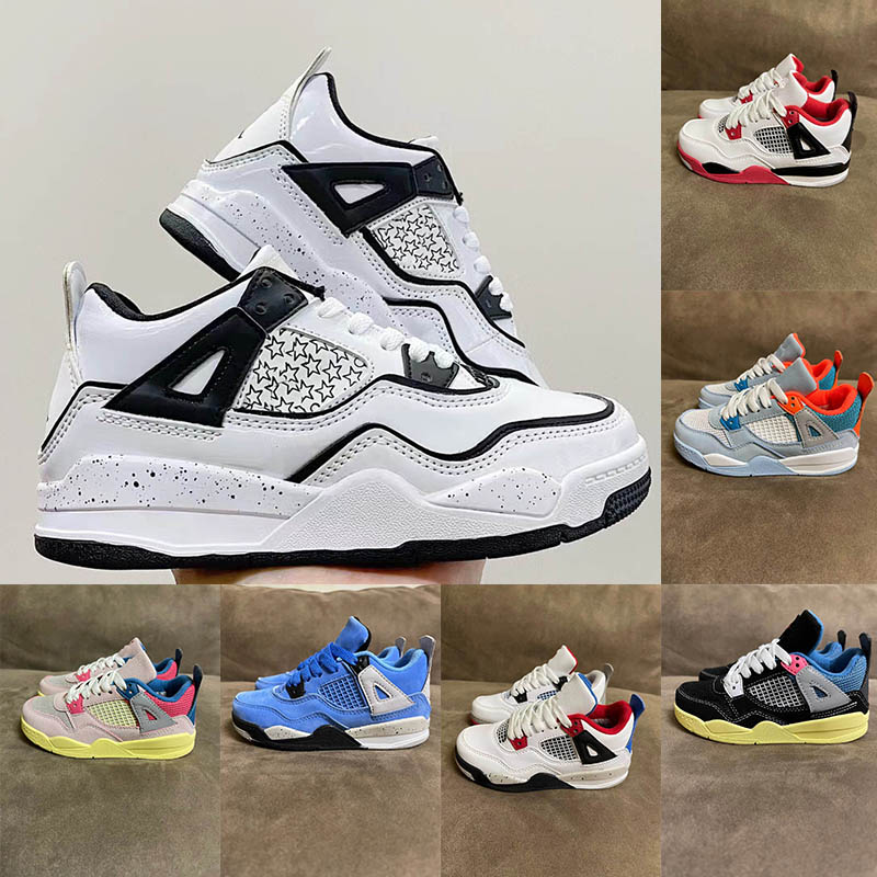 

2022 Kids Jumpman 4s Grey Pink IV Collaboration Basketball Baby Boy Bred Shoes Children Outdoor Sports Childrens Sneaker Sail Muslin Pure White Black 4 Athletic 24-35, A2