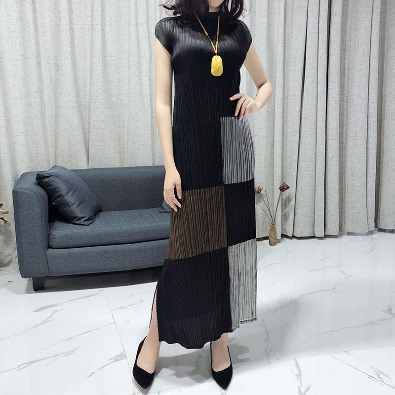 

2021 New Pleated Summer High Fashion Women Turtleneck Bronzing Long Slim Sleeveless Elegant A-line Vintage Brms, Fuchsia