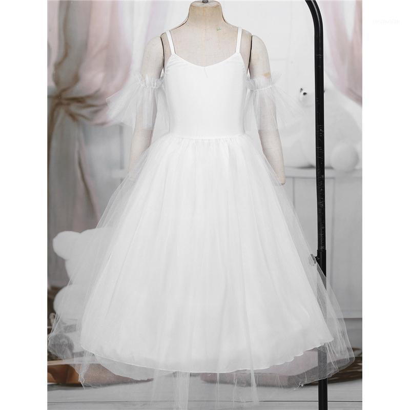 

Kids Girls Spaghetti Straps Romantic Style Ankle Length Ballet Dance Mesh Long Dress with Ruffled Arm Sleeves Girls Dresses1, White