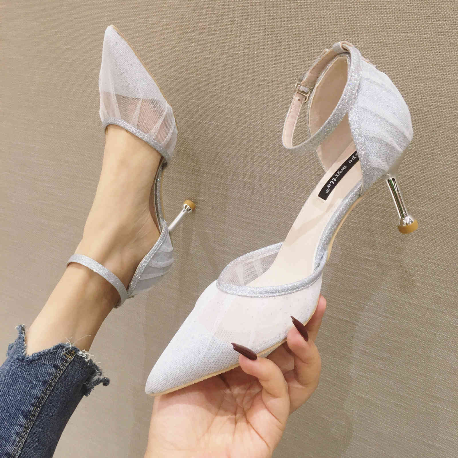 

Dress Shoes Gauze sandals summer women's high heel shallow mouth single shoes Korean low top sexy casual wedding JO0R, 1# shoe box