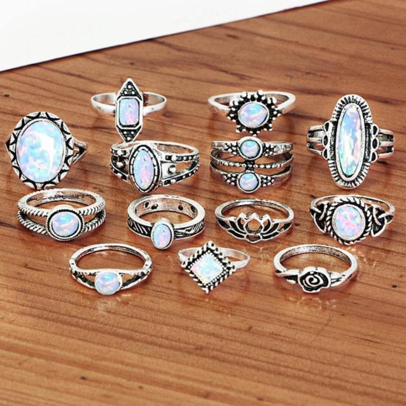 

Cluster Rings 8/10/13Pcs/set Fire Opal Set Natural Stone Crown Wedding Engagement Jewelry Moonstone Gift For Her