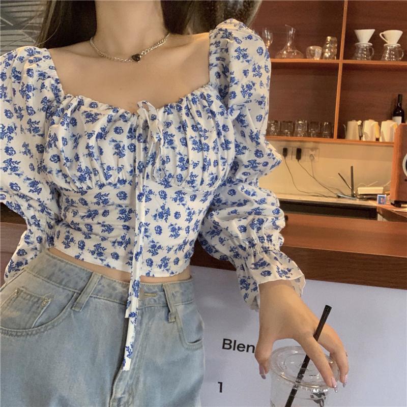 

Women's Blouses & Shirts Design Sense Niche Shirt Spring And Autumn 2021 Sweet Chic Broken Flower One Shoulder Lace Up Long Sleeve Top, Blue