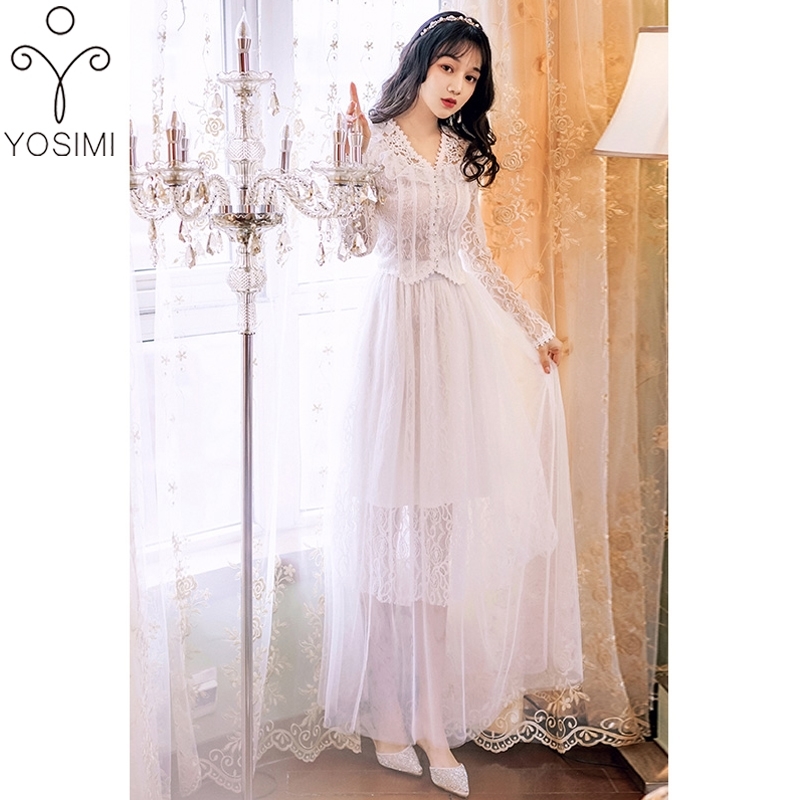 

YOSIMI White Lace Long Women Dress 2 Piece Set Outfits Summer V-Neck Full Sleeve Shirt Top and Skirt mesh 2 210604