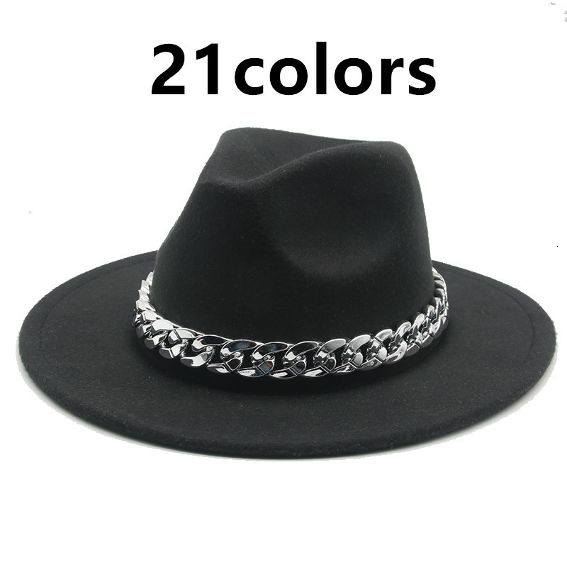 

2021 New Winter Thick Sier Chain Band Belt Felted Men Handmade Luxury Wide Birm Solid Formal Fedora Women Hats G2od, Orange red