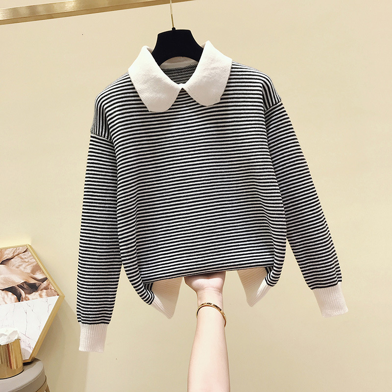 

2021 Women's Pullovers Oversize Bf Japanese Unisex Couples Striped Mesh-knit Female Hip Hop Sweater New Fashion Retro Daily Winter M115, Beige