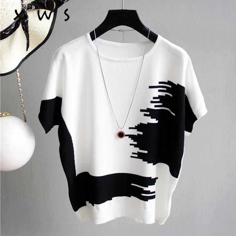 

Women's Sweaters Women Sweater Pullover Thin Rib Knitted Cotton Tops Patchwork O Neck Essential Jumper Short Sleeve Summer 2021, White;black