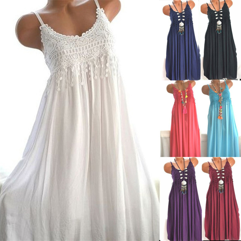 

2021 New 5xl Plus Size Summer Beach Strap Casual Solid Loose Chiffon Sexy Backless Tassels Ladies Party Es Vestido 73mx, Black