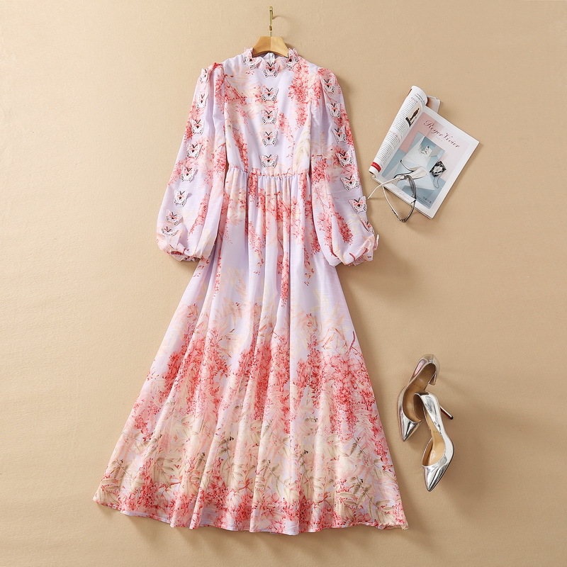 

210 XL 2021 Runway Dress Spring Summer Dress Brand Same Style Empire Long Sleeve Crew Neck Flora Print High Quality SH, Customize