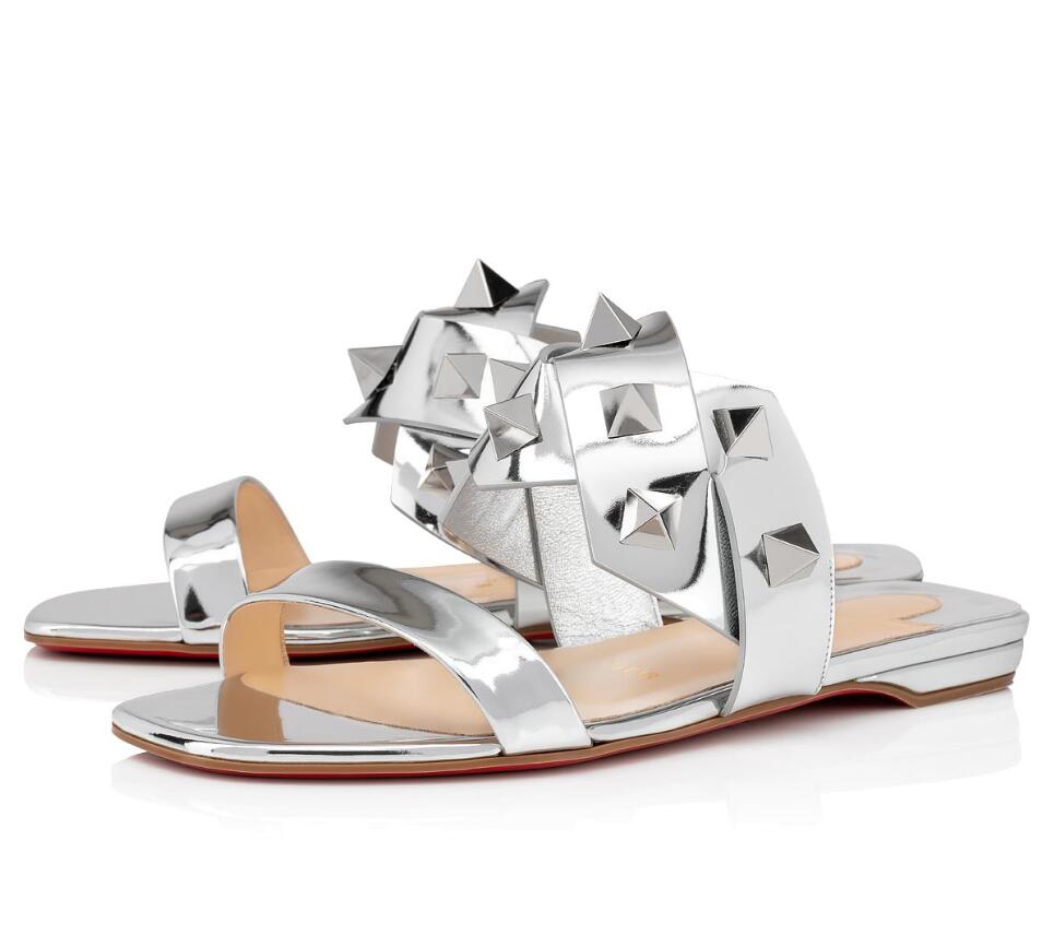 

Hot Sale-Summer Red Bottom Women Sandals Tina In The Desert Studded Flat Women Sandals Flats Casual-cool Beach Slides Black,Sliver,Brown