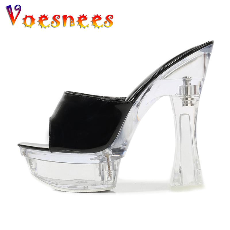 

Voesnees Women Shoes Summer High Heel 14cm Sandals Black Peep Toe Transparent Thick Heel Platform Elegant Pole Dance Shoes