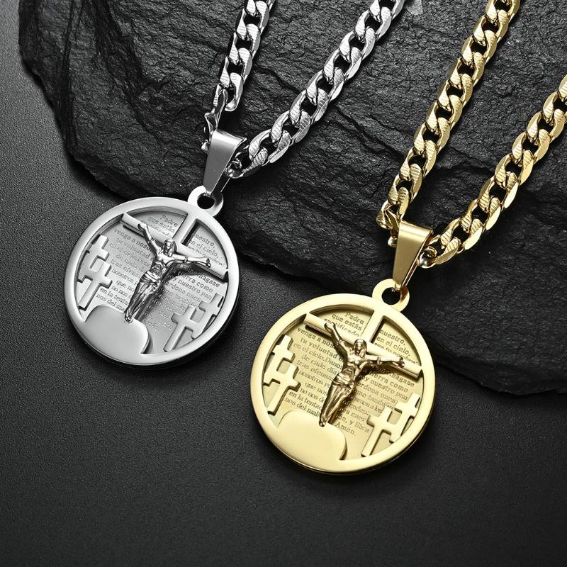 

Pendant Necklaces Hiphop Round Shape Religion Jesus Cross Cuban Necklace For Men Stainless Steel Boho Fashion Jewelry Gifts