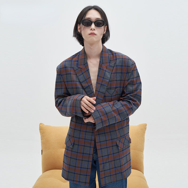 

Vintage Streetwear Fashion Plaid Suit Coat For Men 2021 New Autumn Fashion Korean Casual Mid Length Single Button Blazer, White;black