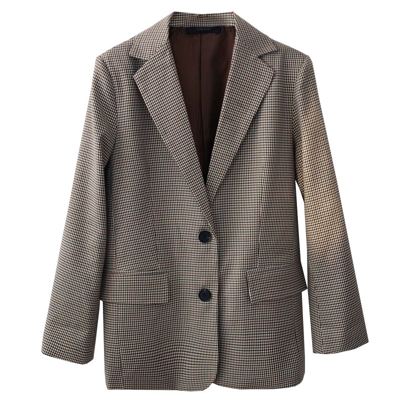 

2021 Autumn Jacket Down Collar Blazer Female Plaid Color Khaki Ladies Coat Women's Tops for Women Orbt