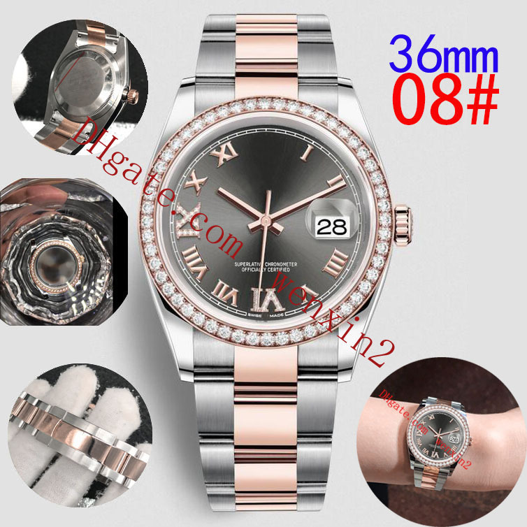 

16 Colour Waterproof Diamond Watch 36mm Diamond Roman Numerals Roman Numeral Rose Gold And Steel 2813 Mechanical automatic Woman Watches, Slivery;brown