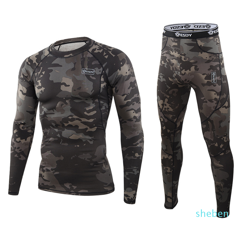 

Men Gym Fitness Clothing Camo Sport Thermal Underwear Set Quick Dry Outdoors Compression Long Sleeve Shirts Top and Pants for Run, Cp-camo