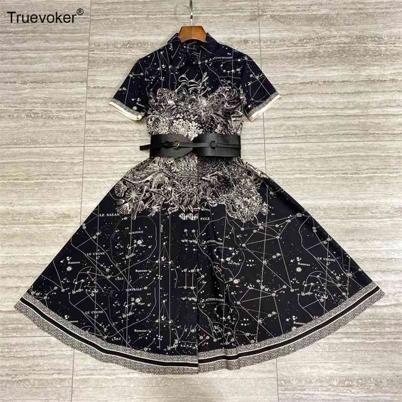

Truevoker European Fashion Lady 100% Cotton Black Hepburn Prom Robe Women Peter Pan Collar Print Belted Midi Long Dress Vestidos 210602, White