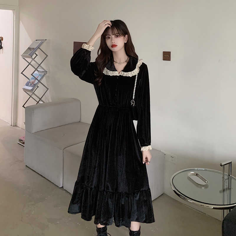 Party Dresses Sweet Vintage Long Sleeve Dress Women Peter Pan Collar Korean Fashion Black Velvet Lace Gothic Kawaii Elegant Midi Z-image-703690145