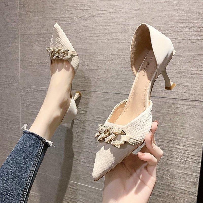 

Dress Shoes 2021 Summer Women Pumps Fashion Pointed Toe Thin High Heel Ladies Party Mary Jane Wedding Chain Casual Side Heels, Beige