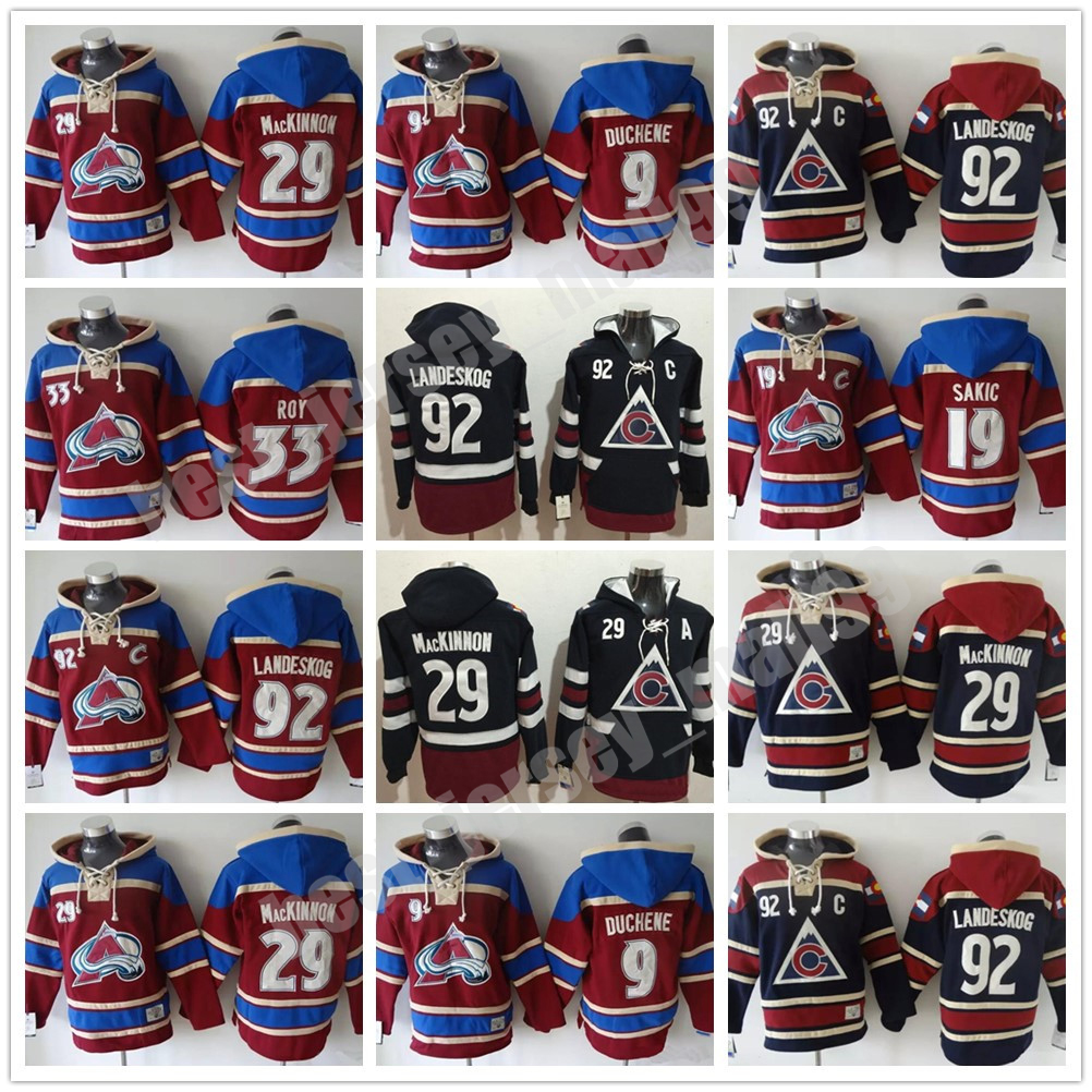 

Mens Colorado Avalanche Hoodie Jersey 19 Joe Sakic 29 Nathan MacKinnon 33 Patrick Roy Hoody Sweatshirts Jerseys Stitched Custom Any Name, Black;red