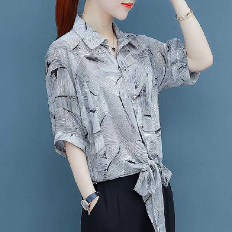 

Summer Women's Chiffon Shirt Fashion Bow Color Printing Casual Large Size Loose DF2627 210609, Gray