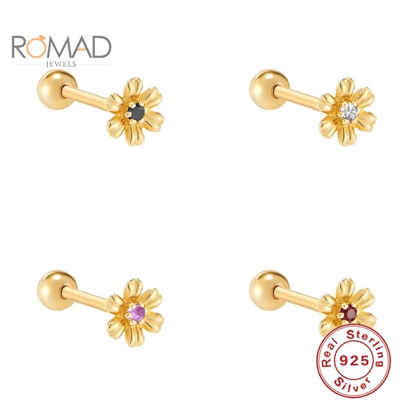 

Stud ROMAD 1PCS 925 Sterling Silver Six Petals Diamonds Threaded Perforated Earrings Jewelry Women Purple Black