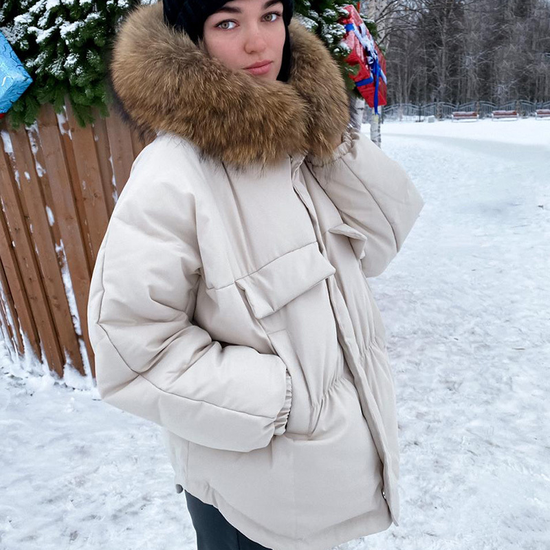 

2021 New Women Winter 90% White Duck Down Coat Large Real Raccoon Fur Hooded Jacket Irregular Loose Warm Snow Short Outwear Ysc9, Black