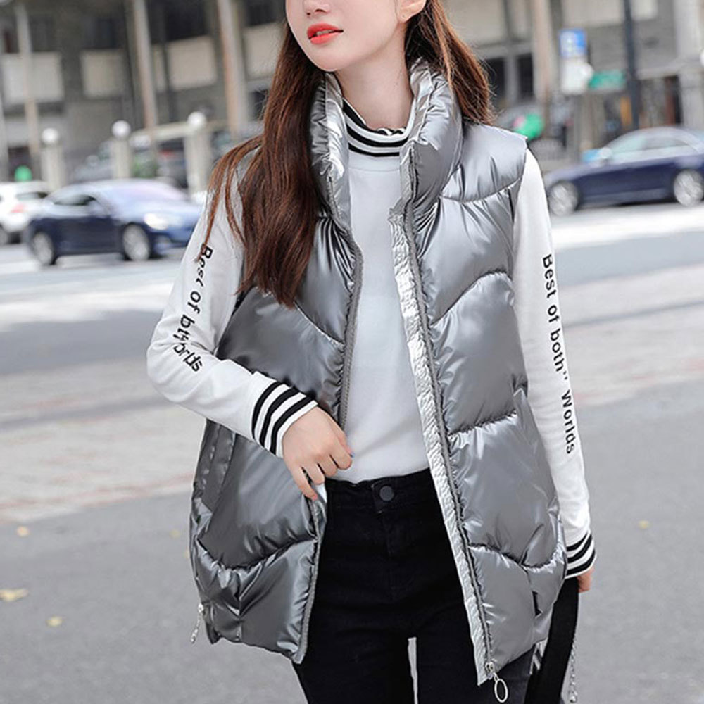 

2021 New Korean Style Sleeveless Vest Casual Stand Collar Shiny Coat Cotton Padded Thick Jackets Women Winter Waistcoat Outwear E37m, Purple