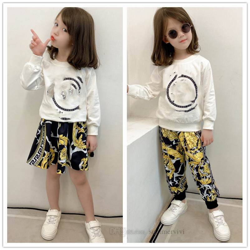 

Designer Kids letter printed sets 2021 fall children long sleeve sweatshirt+floral casual pants skirts 2pcs boys girls sport leisure outfits A7662, 7602 leopard skirt