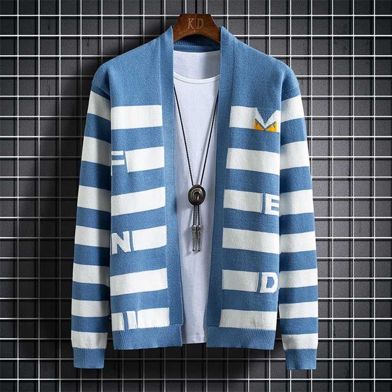

Stripe Contrast Mens Sweaters Sweter De Hombre Fashion Cardigan Stand Collar Sweater Vetement Homme Men Clothing 211018, Blue
